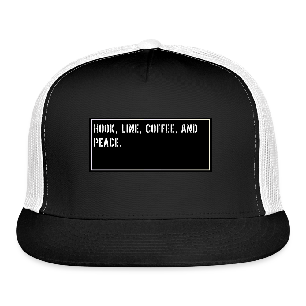 Fishing Hat Funny - Hook, line, coffee, and peace. - black/white