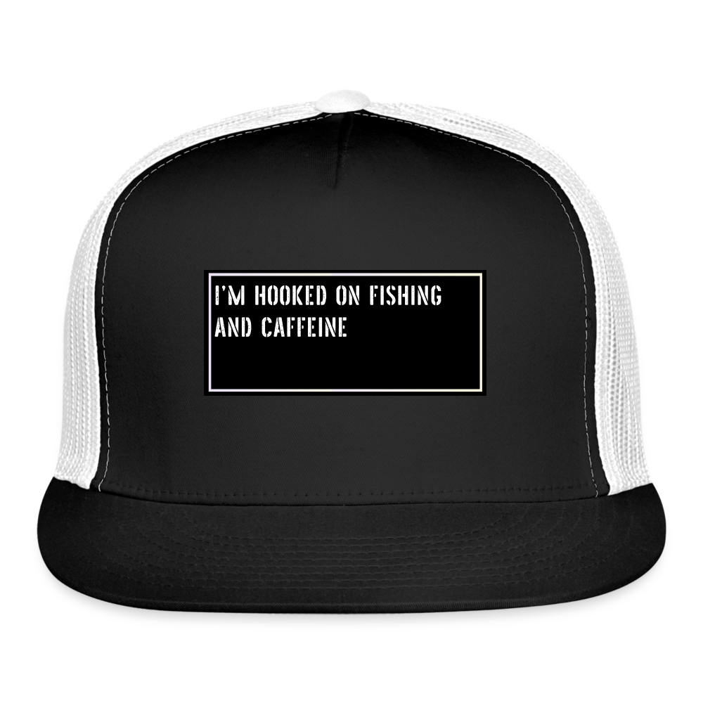 Fish Hat Funny - I’m hooked on fishing and caffeine - black/white