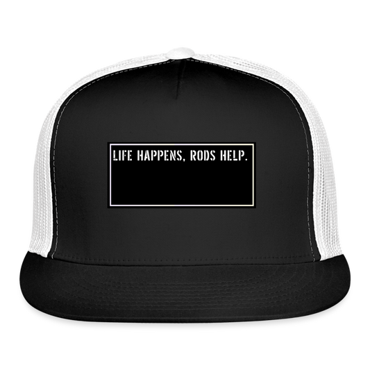 Funny Fisherman Hat - Life happens, rods help. - black/white