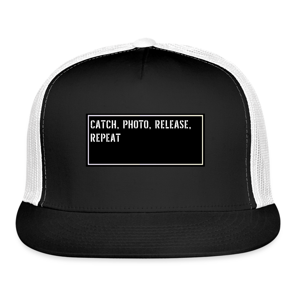 Funny Fisherman Hat - Catch, photo, release, repeat - black/white