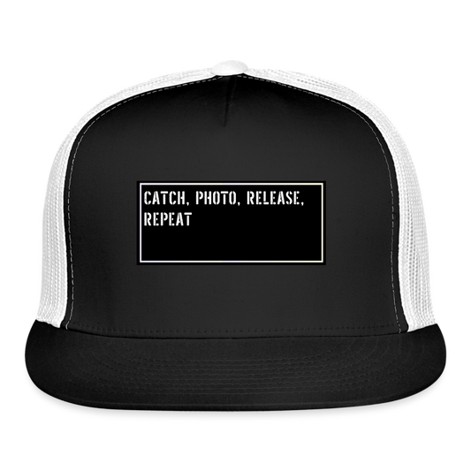 Funny Fisherman Hat - Catch, photo, release, repeat - black/white